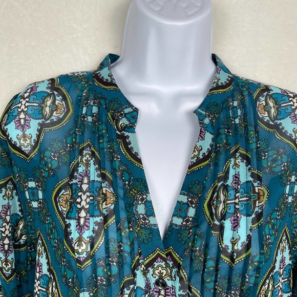 NWT Charter Club Teal V-Neck Button Up Tuxedo Pleated Blouse Tunic Large Petite - Picture 4 of 16